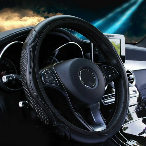Black leather car steering - leather,